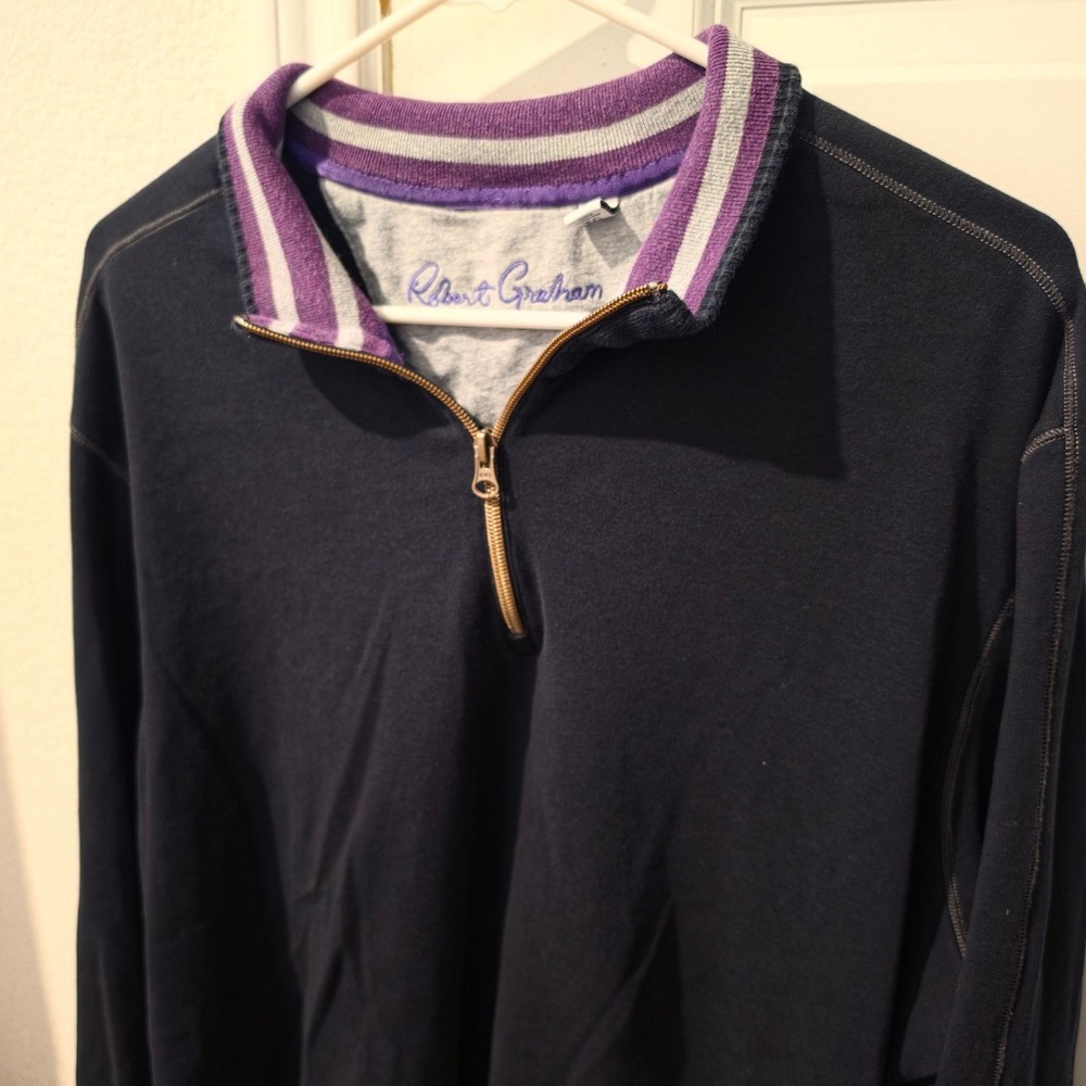 Robert Graham Mens XL Classic Fit Quarter Zip Pullover Black Purple Striped Trim